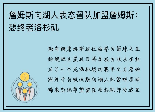 詹姆斯向湖人表态留队加盟詹姆斯：想终老洛杉矶