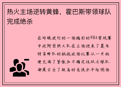 热火主场逆转黄蜂，霍巴斯带领球队完成绝杀