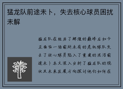 猛龙队前途未卜，失去核心球员困扰未解
