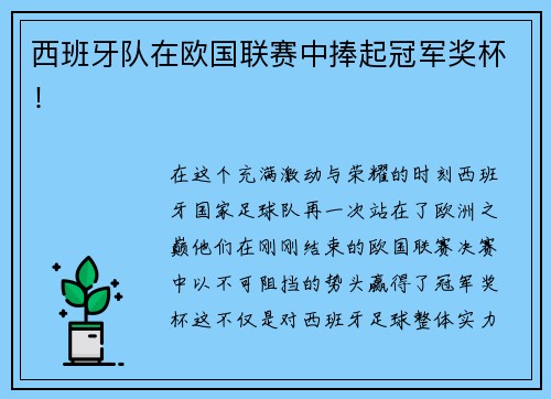 西班牙队在欧国联赛中捧起冠军奖杯！