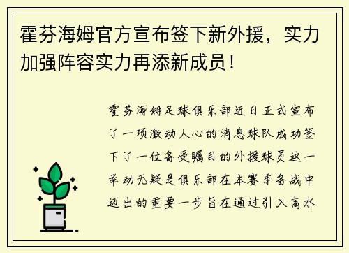 霍芬海姆官方宣布签下新外援，实力加强阵容实力再添新成员！