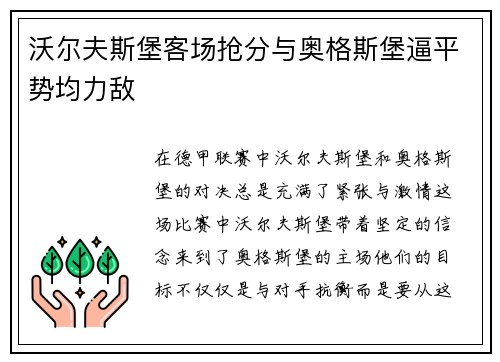 沃尔夫斯堡客场抢分与奥格斯堡逼平势均力敌