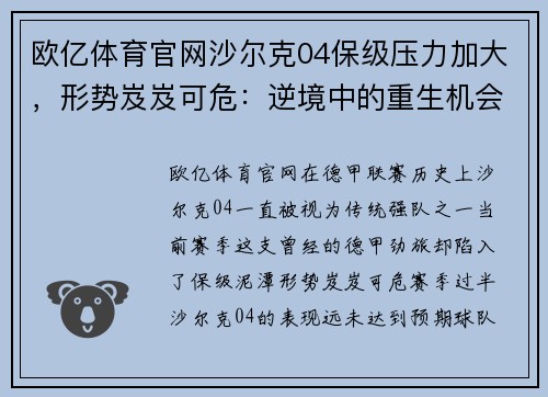 欧亿体育官网沙尔克04保级压力加大，形势岌岌可危：逆境中的重生机会 - 副本