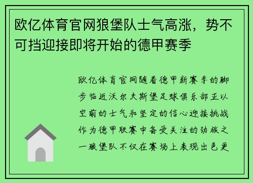 欧亿体育官网狼堡队士气高涨，势不可挡迎接即将开始的德甲赛季
