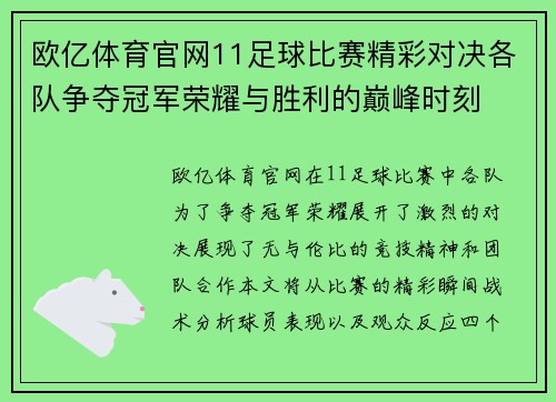 欧亿体育官网11足球比赛精彩对决各队争夺冠军荣耀与胜利的巅峰时刻